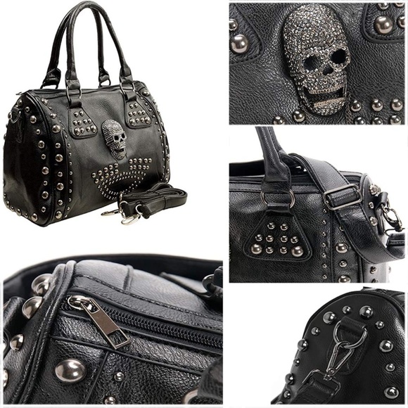 ☠️ Skull Studded Punk Moto Black Tote Crossbody Bag - Picture 16 of 16